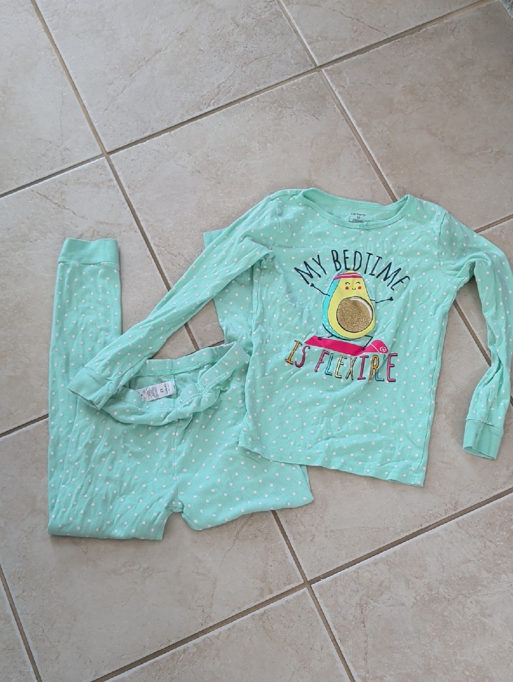 Carter's Mint Green Polka Dot Pajama Set with Avocado Graphic Girl Size 12